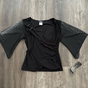 MSK Black Wrap Blouse with Rhinestone Sleeves